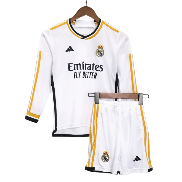 Kids Real Madrid Home Long Sleeve Soccer Jersey Kit (Jersey+Shorts) 2023/24 - Top Soccer Jerseys: Fan &Amp; Player Versions | Goalkits.net